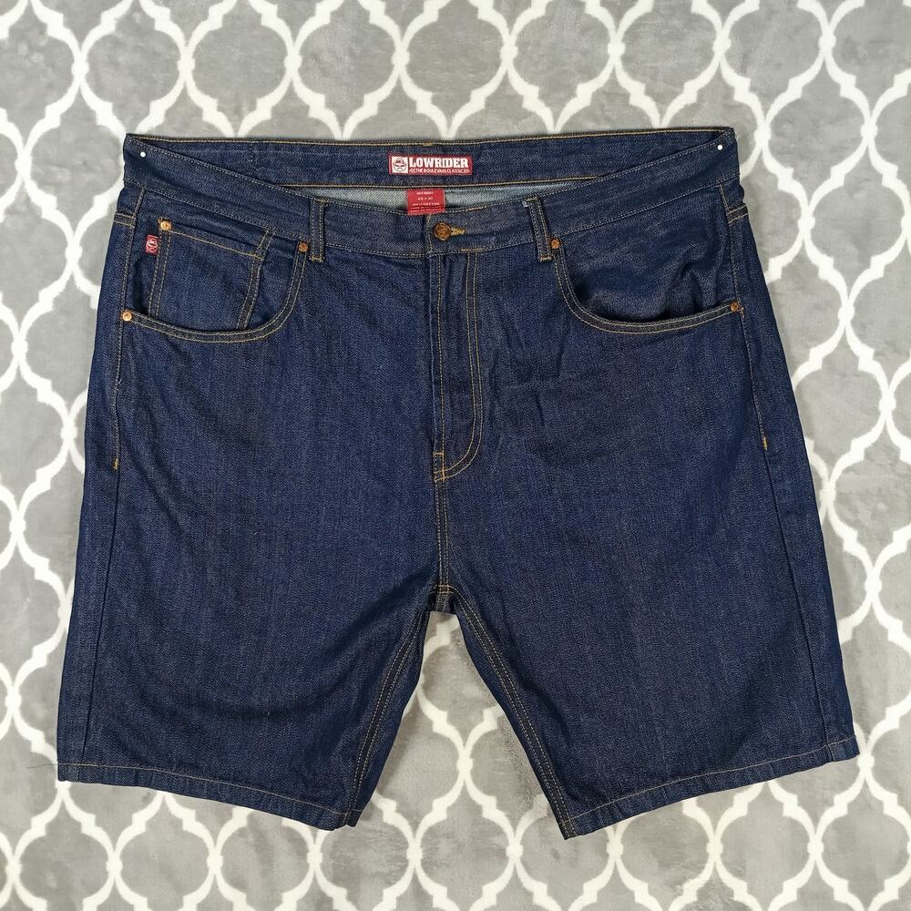 Lowrider Magazine Denim Shorts Men Size 46 Blue Logo Cholo Baggy Classic Car Y2K